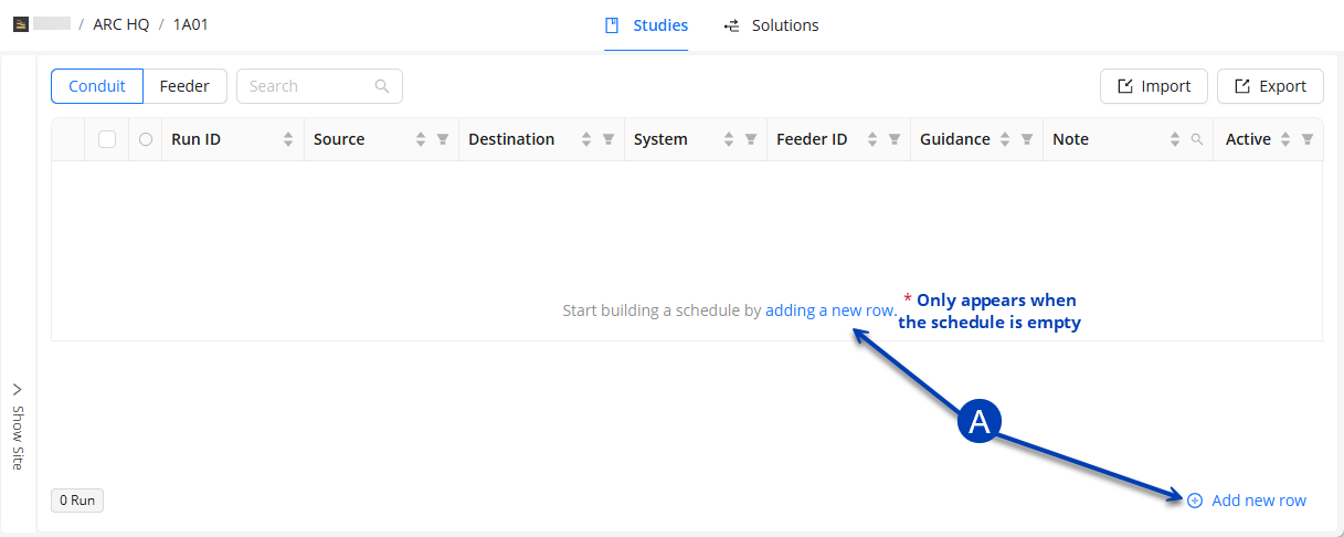 Instructions to add a new row in an empty schedule table for studies.